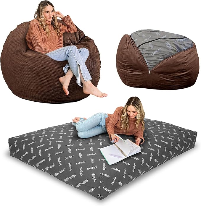 CordaRoy's Chenille Bean Bag-Convertible Bean Bag Chair-Machine-Washable Chenille Fabric Cover-for Basement,Living Room,Game Room,Dorm & More - Queen Size - Espresso | Made in The USA