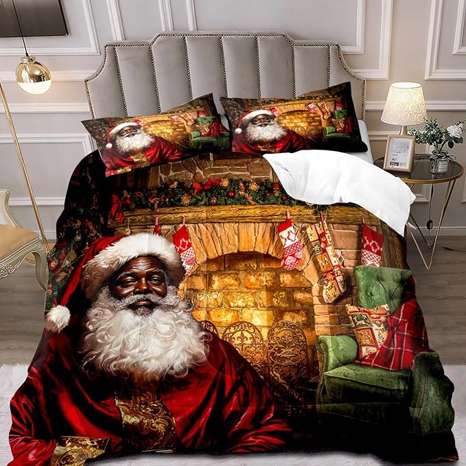 LUVIVIHOME 3PCS Christmas Comforter Set, King Size, Funny Black Santa Claus Bedding, Xmas Merry Christmas Bedroom Decor for Kids Boys Girls Teens, African American Decorations, 1 Pillow Case