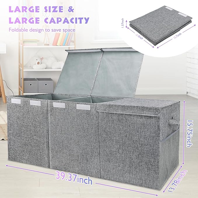 Extra Large Toy Storage Organizer with Lid, Large Toy Box Collapsible Toy Chest Storage Box Design - Toys Bin with Dividers for Kids, Nursery, Bedroom, Playroom-39.37"x13.78"x15.75''