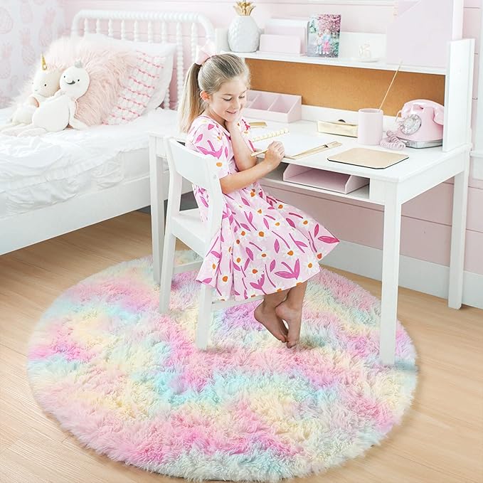 Amdrebio Rainbow Fluffy Round Rug 6Ft Kids Rugs for Girls Bedroom, Unicorn Room Decor, Colorful Pastel Plush Floor Carpet for Playroom Baby Nursery, Cute Shag Kawaii Circle Area Rug for Teen Princess