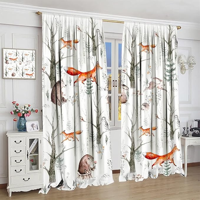 Rustic Forest Window Curtains, Watercolor Woodland Animals Owl Hedgehog Fox Butterfly Forest Squirrel and Bear Blackout Windows Door Curtain for Bedroom Living Room Home Decor 52x84in