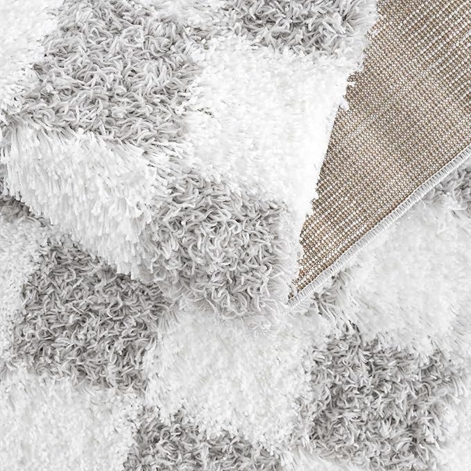 Hauteloom Atira Contemporary Checkered Fluffy Shag Area Rug - Modern Geometric Carpet Tiles for Living Room, Kids Room, Nursery - Plush Pile - Light Gray, Cream - 18" Sample