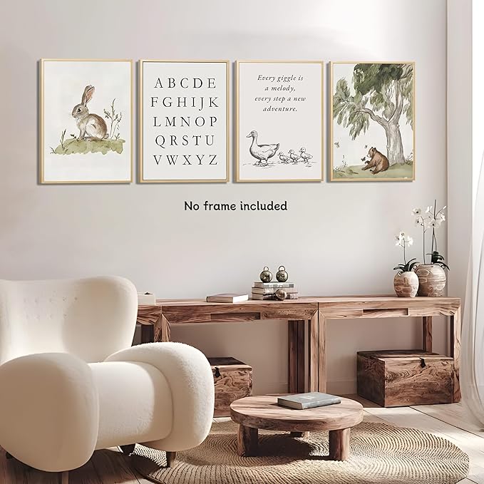 Nursery Gallery Wall Art Animal Canvas Prints Vintage Rustic Poster Set for Kids’ Room Decor Alphabet Inspirational Quotes Wall Art Neutral Baby Room Painting Unframed 8x10 Inches