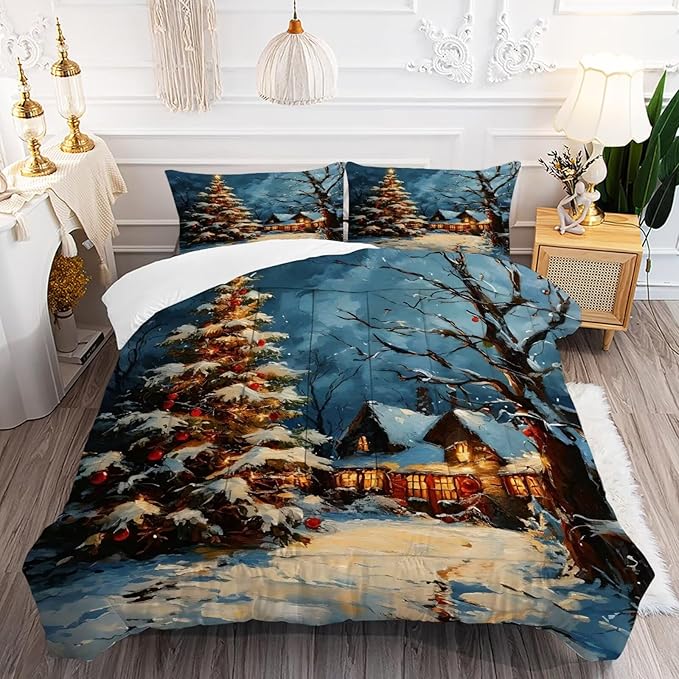 Christmas Comforter Set Twin: Winter Scenery Christmas Tree Bedding for Kids Girls Bedroom Festival Quilt 1 Comforter & 1 Pillowcase