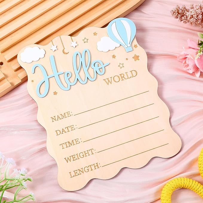 Hello World Newborn Sign, Wooden Newborn Announcement Sign, Boys Girls Birth Information Record Board with Hot Air Balloon Cloud Star Design for Photo Prop for Baby Shower Hospital Nursery