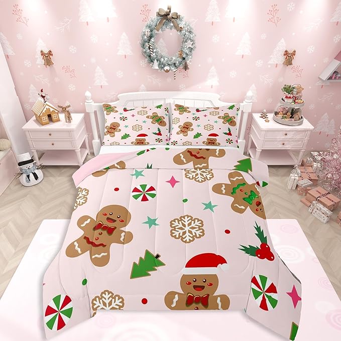 Feelyou Merry Christmas Kids Comforter Set King Size Gingerbread Man Bedding Set Xmas Tree Duvet Quilt for Kids Boys Girls Bedroom Red Berries Snowflake Decor Microfiber Ultra Soft Breathable