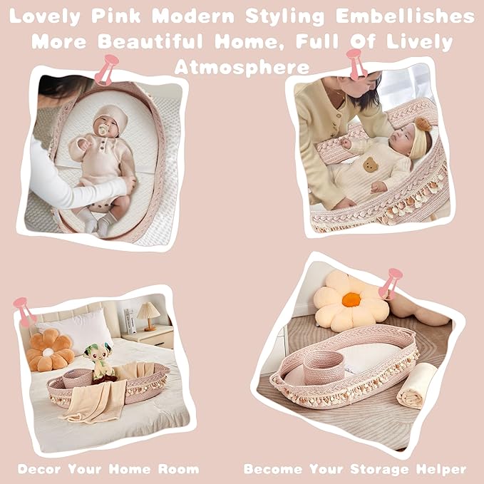 Baby Changing Basket, Foldable Portable Changing Pad, Moses Basket for Newborn, Changing Table Topper for Dresser, Cotton Rope Diaper Caddy for Travel&Nursery, Waterproof Foam Pad Cover, Pink