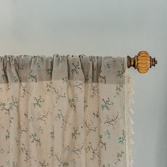 ENJOYBRIDAL Floral Boho Curtains 4 Panels Short 63 Inch Curtains Patterned Semi Sheer Living Room Drapes Farmhouse Bohemian Window Curtain Panels with Tassel Beige Rod Pocket Bedroom Drapes