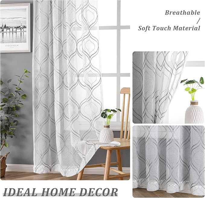 VISIONTEX White Sheer Curtains 84 Inches Long 2 Panels Set Grey Moroccan Embroidered Curtains Trellis French Textured Rod Pocket Voile Tulle Semi Window Drapes for Bedroom Living Room 54 x 84 Inches