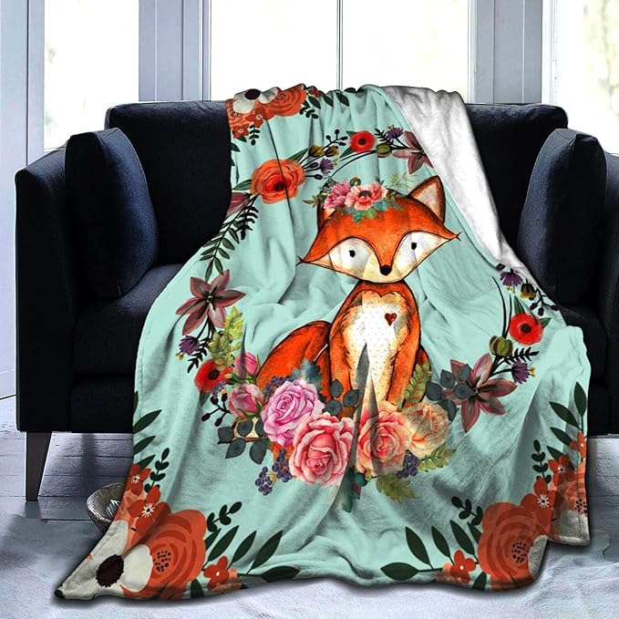 Fox Blanket Flower Fox Print Throw Blanket Ultra Soft Flannel Blankets Gifts for Kids Adults 50"x40"