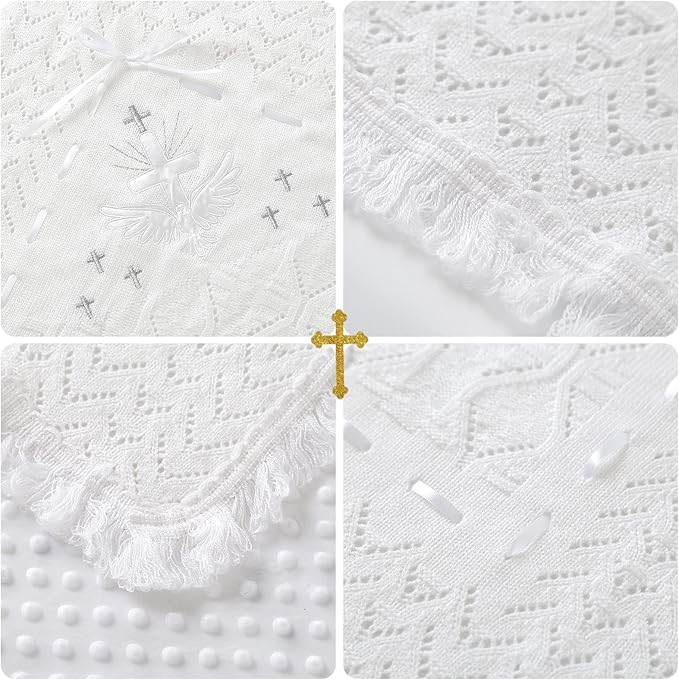 Booulfi Baby Christening Blanket Newborn White Baby Blanket Shawl Neutral Knitted Baptism Blankets for Babies Fleece Lined Winter Warm Blankets,Size 37x39 “