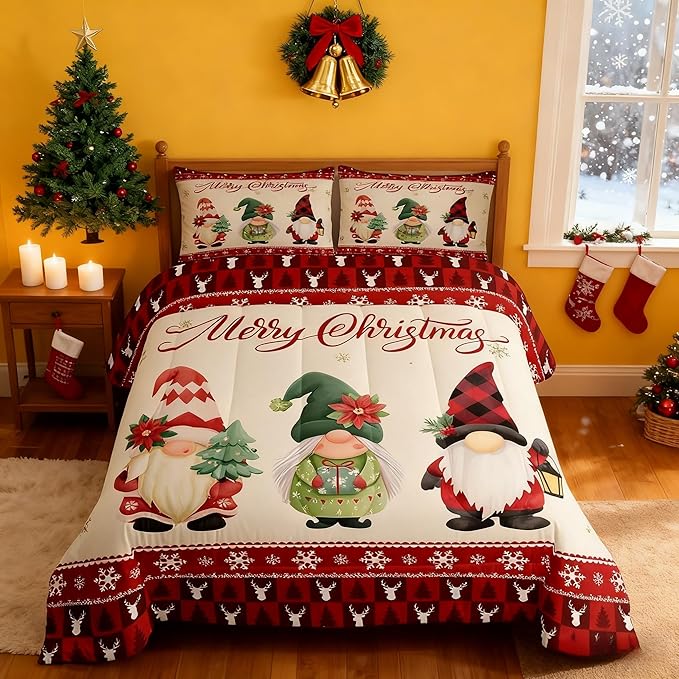 Merry Christmas Kids Comforter Set King Size,Deer Antler Santa Claus Bedding,Girls Boys Adults Bedroom/Xmas Cabin Decor,Snowflake Pine Trees Plaid Down Comforter,Rustic Duvet Insert,2 Pillowcases