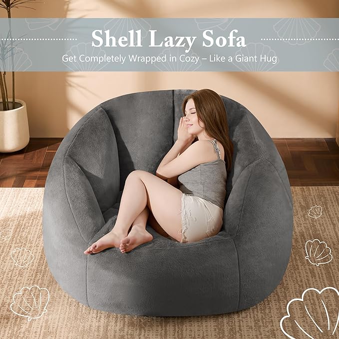 Giant Bean Bag Swivel Chair for Adults with Ottoman - Comfy Plush Round Shell Soft Accent Chaise Lounge Indoor Reading Chair, Oversized Cozy Floor Sofa for Living Room, Bedroom Dorm, Gray