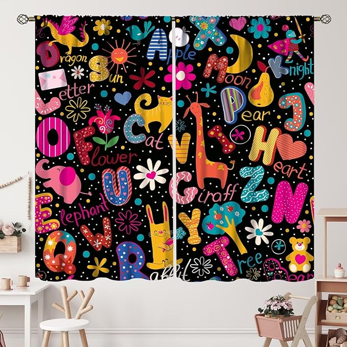 Cartoon Alphabet Curtains Funny Education Animal Giraffe Curtain with Rod Pocket for Bedroom Living Room Home Decor Drapes Thermal Insulated Window Treatments 2 Panels Set 63" W X 72" L