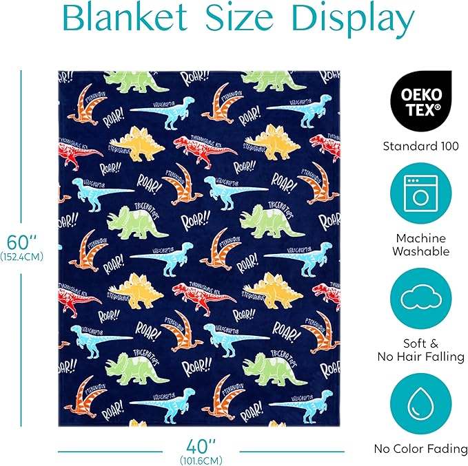 Joiedomi Glow in The Dark Blanket Dinosaur Toys for Kids 3-5 Dinosaur Gifts Toys for Age 2 3 4 5 6 7 8 9 10 11 12 Year Old, Soft Cozy Flannel Kids Throw Blanket, Birthday 40"×60"
