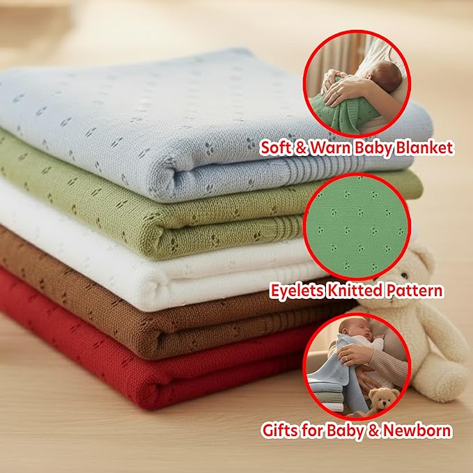 Baby Knit Blanket, 100% Cotton Eyelet Patterns, Soft, Cozy, Lightweight Swaddle for Newborn & Infant Swaddling Beige Neutral, Perfect Baby Shower Ideas Sage Green 30x30