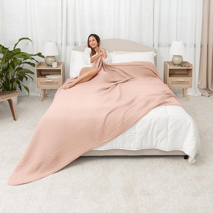 Comfy Cubs Muslin Blanket for Adults Queen 90" x 90" - 6 Layer Soft, Breathable & Lightweight Muslin Adult Blanket - Machine Washable & Designed in The US Bedding for All Seasons - Blush