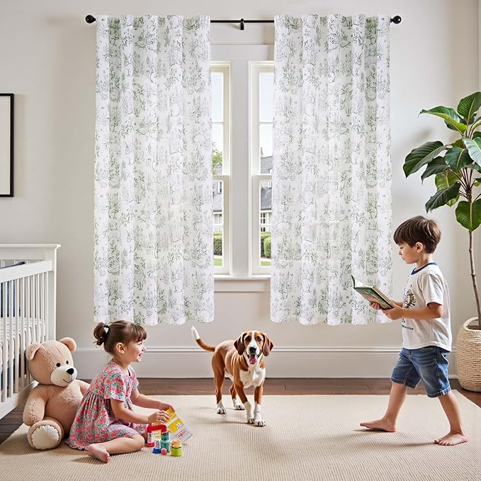 jinchan Linen Nursery Curtains 72 inch Long Woodland Wildlife Sage Green Print Drapes for Kid's Room Light Filtering French Country Farmhouse Curtains with Bunny and Forest Design Set of 2 Panels