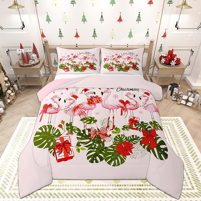 Merry Christmas Comforter Set King Size,Pink Flamingo Cartoon Bird Animal Bedding Set All Season Quilt Set,Winter Snowflake Green Leaves Microfiber Polyester Down Comforter