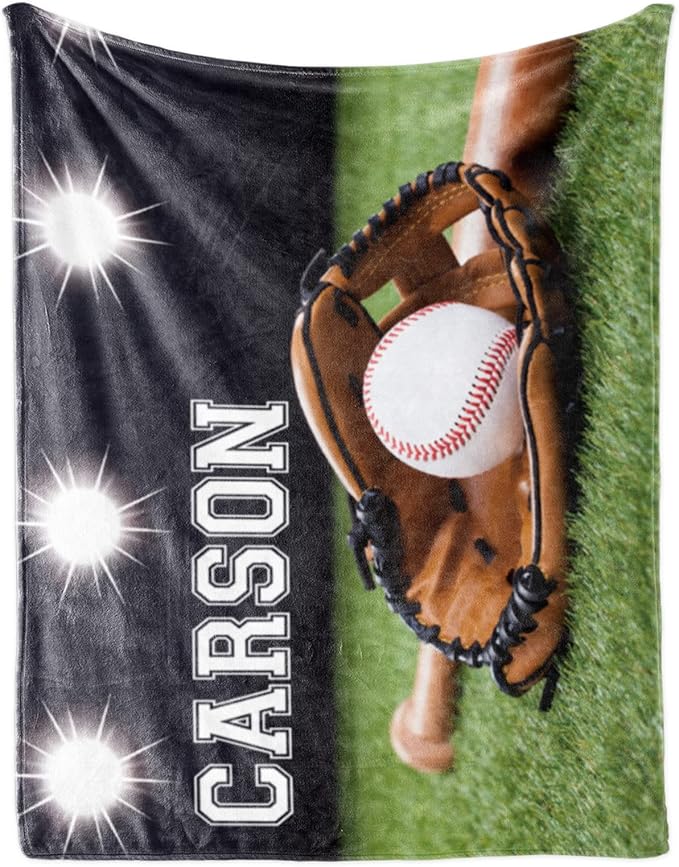 Baby Boys Personalized Baseball Blanket - Custom Name and Number - Soft Warm and Fluffy Flannel Fabric Gift for Sports Lovers 50x60inch