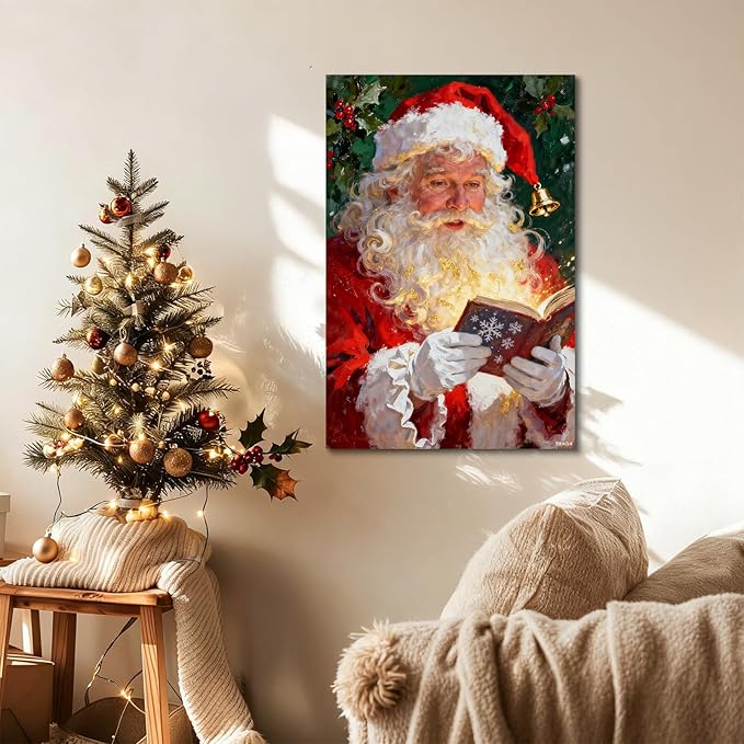 YONICA Christmas Canvas Wall Art Reading Santa 12x16 Inch Oil Painting with Glowing Book and Holly - Large Framed Gallery Wrapped Library Decor
