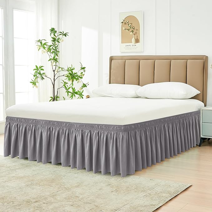 Biscaynebay Wrap Around Bed Skirts for Twin & Twin XL Beds 15" Drop, Silver Grey Adjustable Elastic Dust Ruffles Easy Fit Wrinkle & Fade Resistant Silky Luxurious Fabric Machine Washable