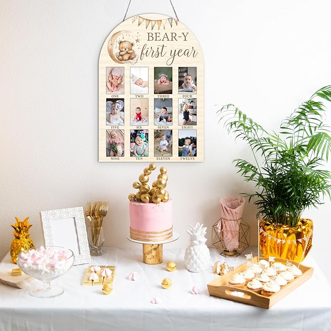My First Year Milestone Photo Board, Bear Baby Milestone Signs, 12 Months Wooden Picture Frame, Nursery Gender Neutral Gifts for Girl Boy, Best Gifts for 1st Birthday Baby Shower Decorations-A06