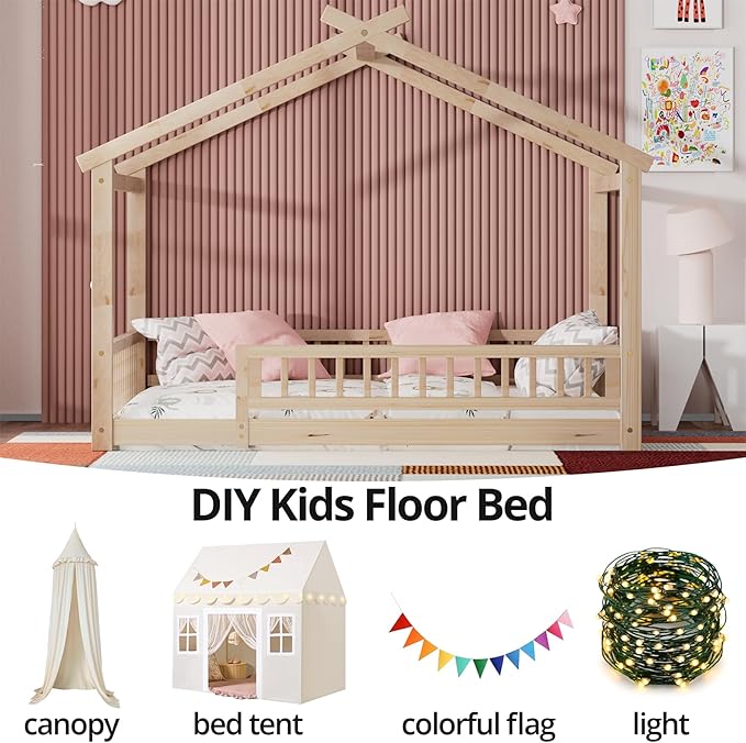 LLS Full Size House Bed with Fence, Wooden Montessori Bed with Slats Support, Floor Bed Frame for Boys Girls Bedroom, Natural