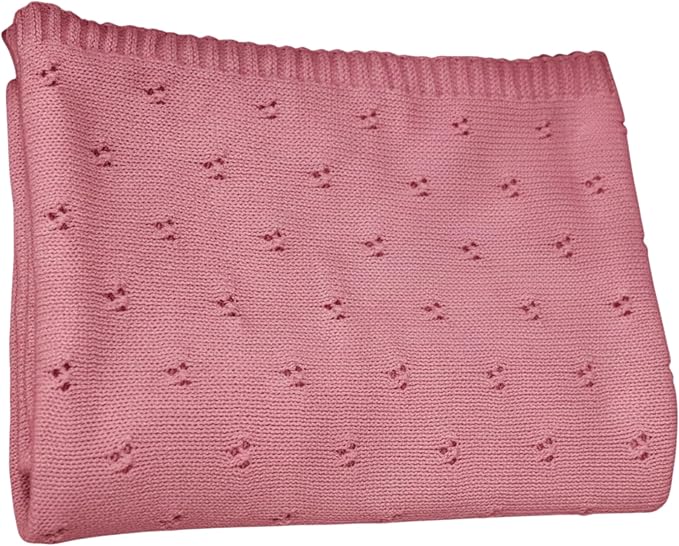 Baby Knit Blanket, 100% Cotton Eyelet Patterns, Soft, Cozy, Lightweight Swaddle for Newborn & Infant Swaddling Beige Neutral, Perfect Baby Shower Ideas Rose Pink 28x36