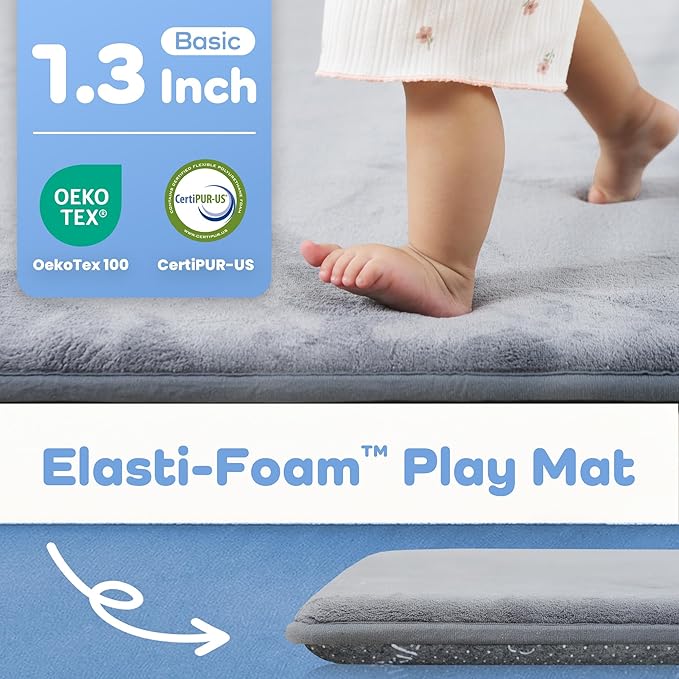 1.3" Thick Baby Floor Play Mat 71x79, Basic Padded Foam Mat for Tummy Time Crawling, Non Slip Cushioned for Babies Toddlers Infants Kids (Light Grey)