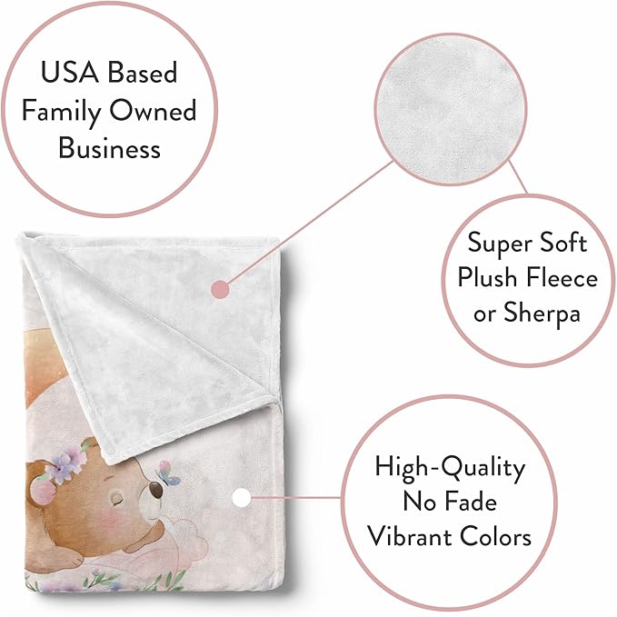 Personalized Baby Blankets with Name | Bear Custom Baby Girl and Baby Boy Newborn Blanket | Unisex Warm Soft Sherpa Swaddle Blanket Minky | (Bear, Sherpa 60"x80")
