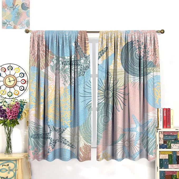 Nautical Blackout Curtain Beach Theme Starfish Seashell Nautical Rustic Ocean Sea Vintage Retro Coastal Summer Bedroom Set 2 Panels,42x63 Inches
