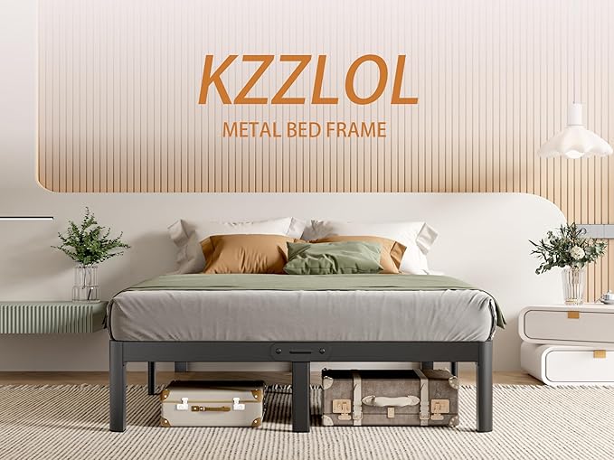 Full Size Bed Frame No Box Spring Needed, 14 Inch Metal Full Bed Frame, DIY Headboard Holes, Heavy Duty Steel Support 3500 LBS, Noiseless, Round Corner Legs, Storage Space, Easy Assembly, Black