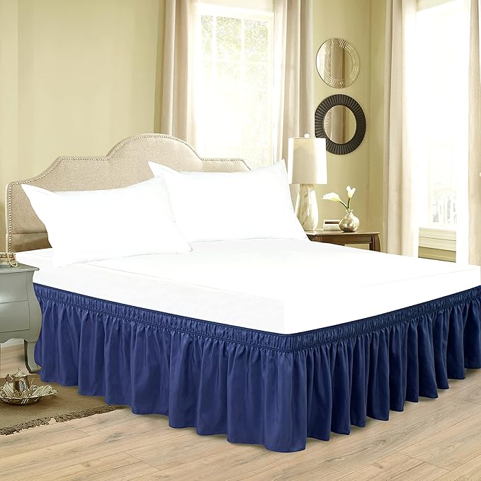 Biscaynebay Wrap Around Bed Skirts for Full & Full XL Beds 22" Long Drop, Navy Adjustable Elastic Dust Ruffles Easy Fit Wrinkle Resistant Silky Luxurious Fabric Machine Washable