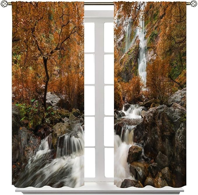 Forest Waterfall Blackout Curtains, Autumn Jungle Mountains Fall Nature Landscape Window Drapes, for Bedroom Living Room 55" W X 63" L