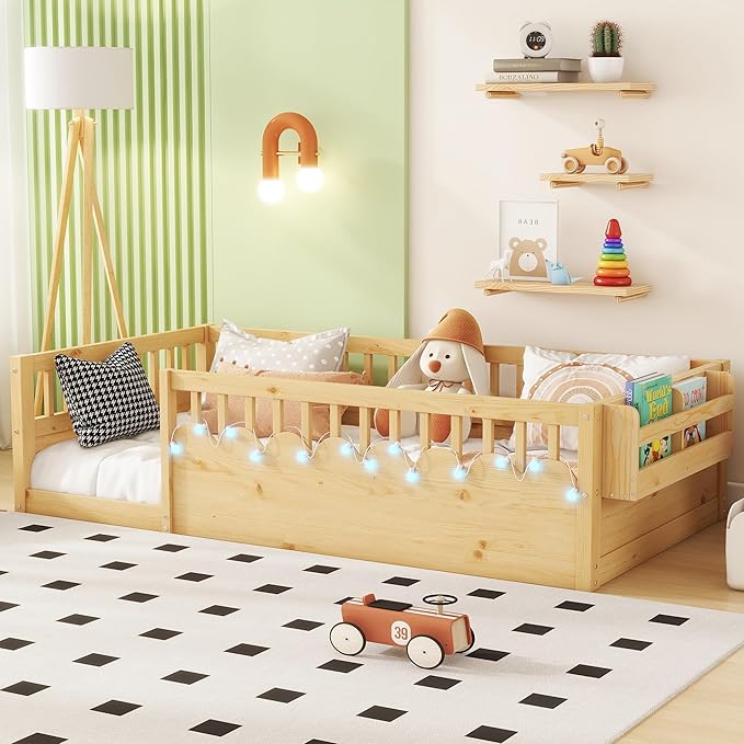 Twin Size Montessori Bed, Wood Twin Montessori Floor Bed with High Rails & Storage Shelf, Baby Floor Beds with LED Light for Boys & Girls, Natural