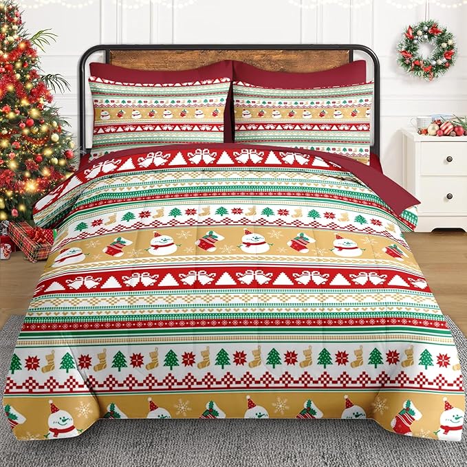 7 Pcs Queen Size Christmas Comforter Set with 2 Pillowcases & 2 Shams, Cute Snowman Bedding for Kids and Adults, Snowflake Xmas Socks Bed in a Bag with Flat Fitted Sheet