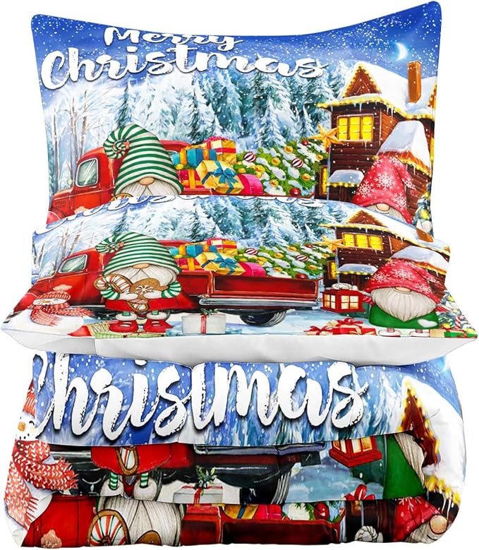 LUVIVIHOME 2PCS Merry Christmas Comforter Set Twin Size, Teens Boys Girls Kids Bedding, Cute Snowman Gnome Red Truck Winter Snowflake Happy New Year Christmas Bedroom Decor, Xmas Gifts, 1 Pillow Sham