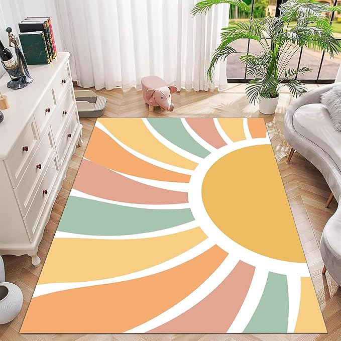 Machine Washable Rainbow Rugs Bedroom Fluffy Plush Soft Area Rugs Rainbow Sunshine Sun Print Living Room Non-Slip Indoor Flooring Kids Girls Boys Home Decor Aesthetics 3x5ft