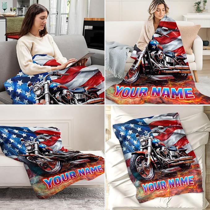 Personalized Throw Blanket Gift for Motorcycle Lovers - 30" x 40" Inches Furry Boys Blankets with Name - Fuzzy Throws for Sofa, Office