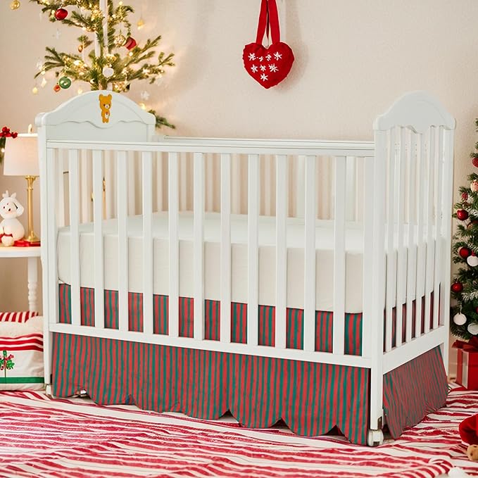 Brandream Scallop Edge Cotton Crib Skirt Toddler Bedskirt Boho Farmhouse Baby Nursery Bedding Neutral Solid Color with Red Green Stripes Christmas Holiday Chic