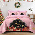 Christmas King Size Quilt Set, Black Cat Xmas Trees Lightweight Bedspread Coverlet with Pillow Shams for Kids and Adults, Pink Snowflakes 3 Pcs Bedding Bed Cover