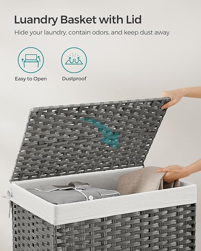 SONGMICS Storage Basket with Lid, 27.7 Gallon (105L) Storage Bin, Woven Blanket Storage Basket with Handles, Foldable, Removable Liner, Metal Frame, for Bedroom, Laundry Room, Gray URST066G01
