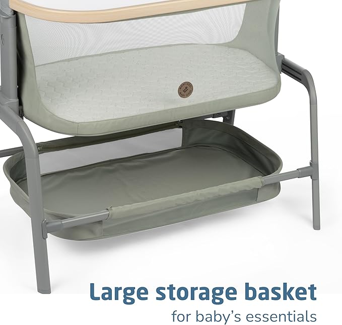 Maxi-Cosi Iora Baby Bassinets Bedside Sleeper, Portable Bassinet, Infant Bedside Sleeper Crib, Height Adjustable, Breathable Mesh, Large Storage Basket, Classic Green