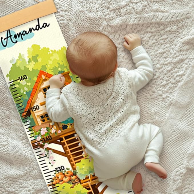 Personalized Name Height Chart for Kids, Kids Growth Chart for Wall, 59" X 7.9" Canvas Removable Height Chart Measuring Ruler for Kids & Baby(Painted Tree House）