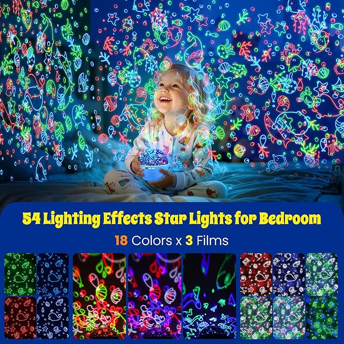 Night Light Projector,Night Light for Kids Room with Remote and Timer,360° Rotation,3 Projection Films,18 Light Modes,8 Lullaby Songs,Kids Night Lamp, Birthday Christmas Gifts for Boys Girls (Blue)