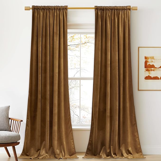 StangH Gold Brown Curtains 92 inches Long Super Soft Velvet Room Darkening Thermal Insulated Window Drapes Back Tab Luxury Decor for Sliding Door Living Room, W52 x L92, 2 Panels