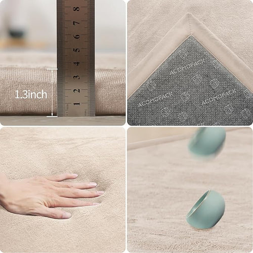 ACOMOPACK Baby Play Mat for Floor 1.3" Thick Memory Foam Play Mat 59"×71" Tummy Time Crawling with Non-Slip Bottom for Living Room,Nursery,Soft Velvet Playpen Mats for Kids,Infants（Beige）