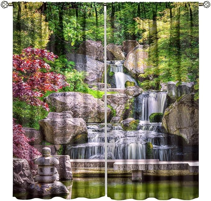 View Waterfall Blackout Curtains, Forest Waterfall Retro Style Natural Scenery Garden Art Landscape Rod Pocket Window Drapes, for Living Room Bedroom 63" W X 72" L