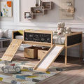 Play Fun Design Twin Size Loft Bed with Slide and Rope Climbing Ladder for Kids Boys Girls, Solid Wood Loft Bed Frame with 2 Storage Boxes and Double-sided Chalkboard, Sturdy Slat Support (Natrual-2)